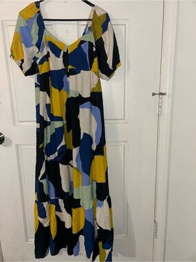 Nine West Abstract Colorblock Maxi Dress in Blue, Mustard & Black